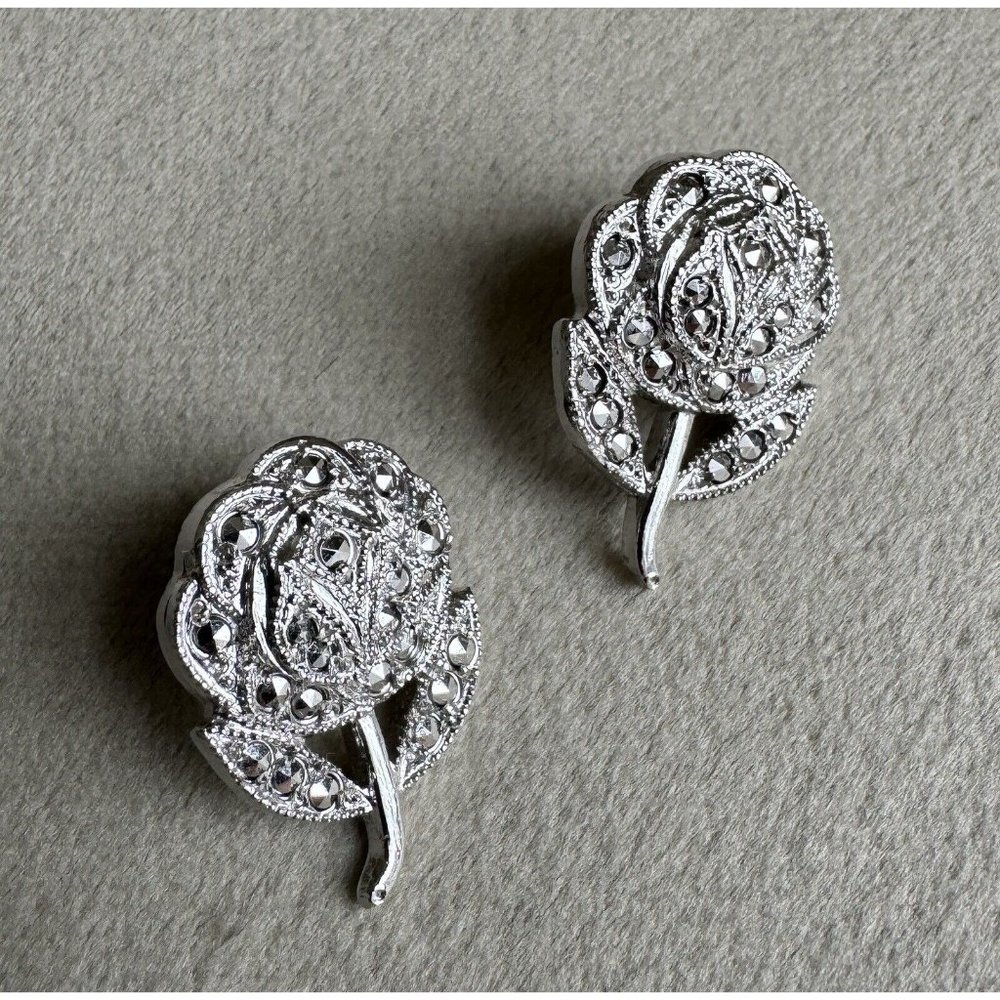 THEDA Sterling Silver Marcasite Rose or Flower Studs Earrings
